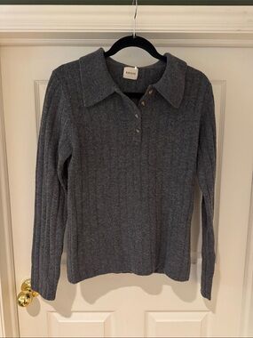 KHAITE Wool Button Collar Polo Ribbed Sweater
